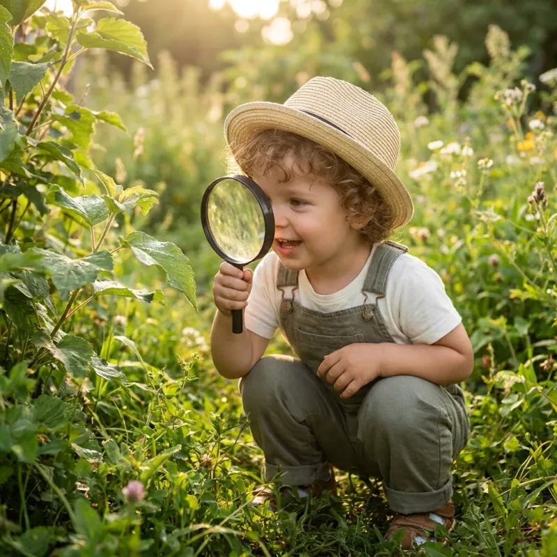 Niño explorando con lupa en el jardín